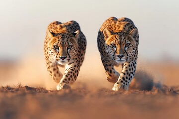 Two cheetahs sprinting across the savannah at sunset, showcasing speed and grace in their natural habitat