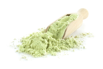 Scoop and dry wasabi powder isolated on white
