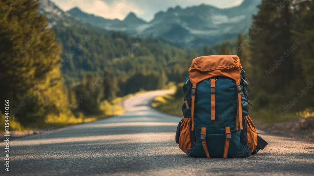 Aufkleber Backpacker sets down colorful bag on empty road surrounded by mountains and trees during afternoon sunlight. Generative AI