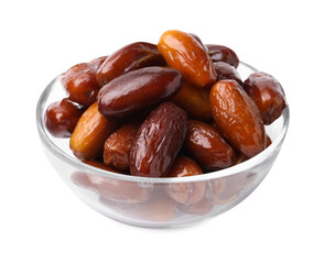 Tasty dried dates in glass bowl isolated on white