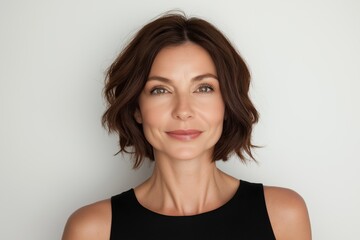 Fototapeta premium A woman with short brown hair and a black tank top is smiling. She has a very pleasant and friendly expression on her face