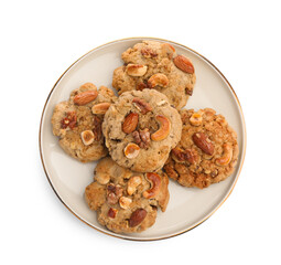 Tasty cookies with nuts isolated on white, top view