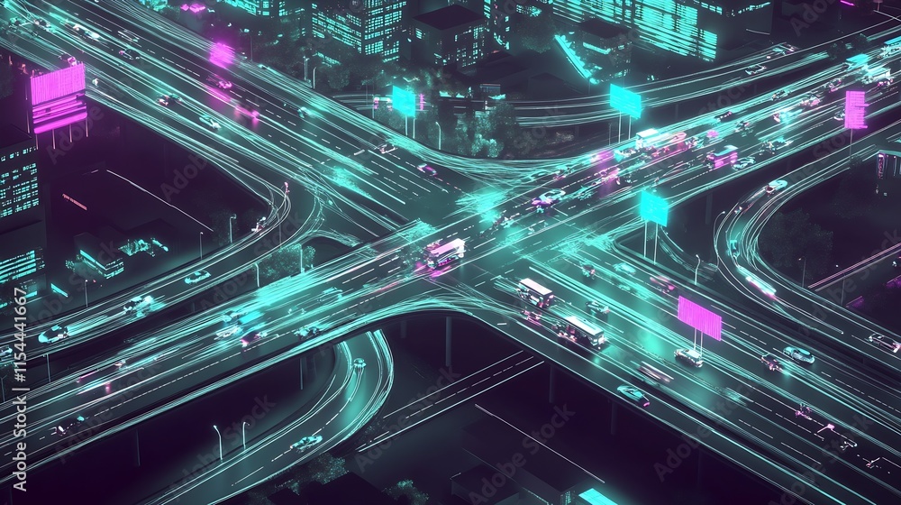 Poster high-tech intersection in a futuristic neon urban environment : generative ai