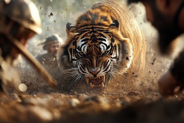 Fierce tiger charges at soldiers in intense jungle encounter during a dramatic battle scene