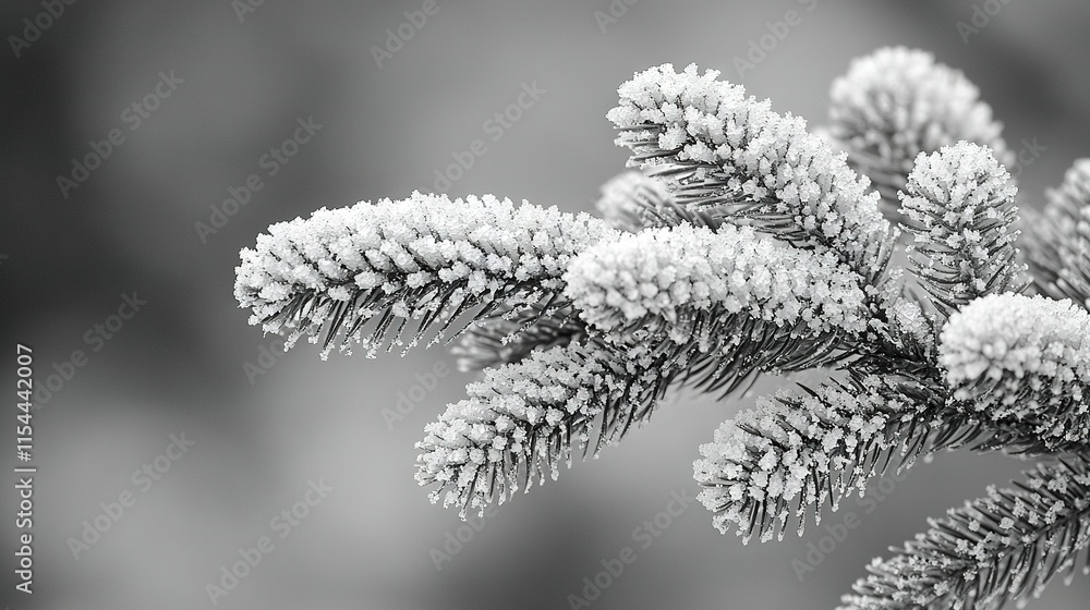 Poster a monochromatic picture of a coniferous tree's frozen branch, with a hazy environment behind it