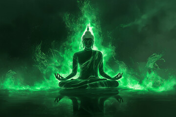 Buddha statue on a green background.
