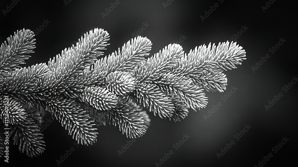 Poster a monochrome picture of a pine tree's branch with cones in the foreground and an out-of-focus backgr