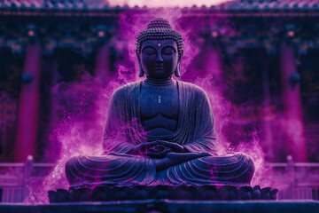 Buddha statue on a lilac background.
