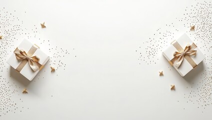 A festive, horizontal digital banner with a soaring gift box featuring a gold ribbon and sparkles on a white background, perfect for Christmas, birthdays, and holiday events, and comes with