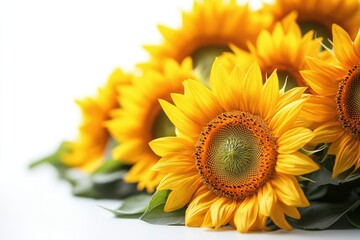 Obraz premium Vibrant yellow sunflowers in full bloom, showcasing their beauty against a white background.