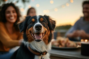 Happy dog enjoying an evening gathering with friends outdoors during sunset