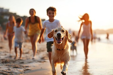 Families enjoy a sunny beach day with a playful golden retriever running along the shore at sunset