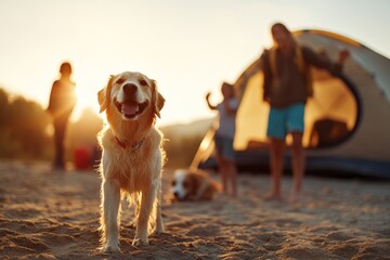 Happy golden retriever enjoying a sunset camping adventure with family by a tent