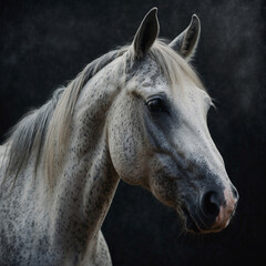 Elegant portrait of a horse with an expressive look. Close-up shows details: shiny coat, strong features and intelligent eyes. Ideal for animal lovers, equestrian and nature lovers