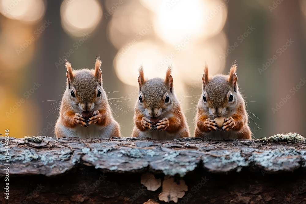 Poster three squirrels gather on a log during sunset, sharing a moment of calm in a forest setting