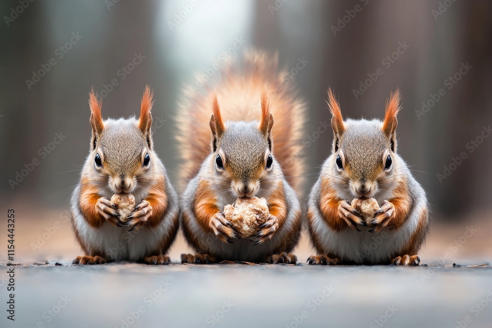 Poster three squirrels gathering nuts in a forest setting during autumn