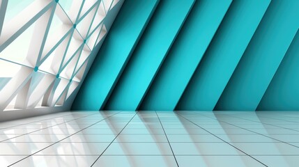 Explore an abstract geometric backdrop featuring sharp angles and a tiled floor in cool blue and gray hues.