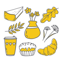 Hand Drawn Doodle Autumn Coffee Set. Fall Symbols Collection with yellow spots. Seasonal Contour Elements: croissant, leaves, coffee, cheesecake, cupcake, flowers.