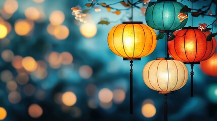   A colorful group of lanterns hang from a tree against a soft light background