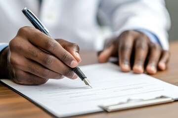 Close-up of a person's hands signing a document with a fountain pen.