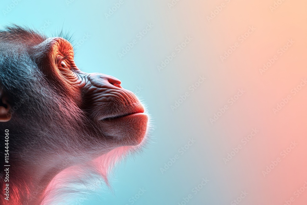 Poster curious monkey gazes thoughtfully in a serene setting with soft lighting at dusk