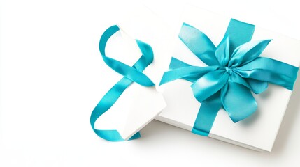 A blank white gift box, viewed from the top, that has a blue interior or an opened blue present box with a blue ribbon and bow, centered on a transparent background.