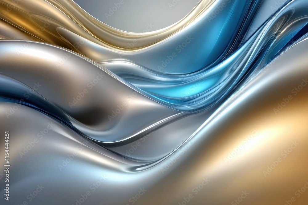 Fototapete fluid and dynamic abstract 3d design with smooth metallic waves blending blue, silver, and gold hues