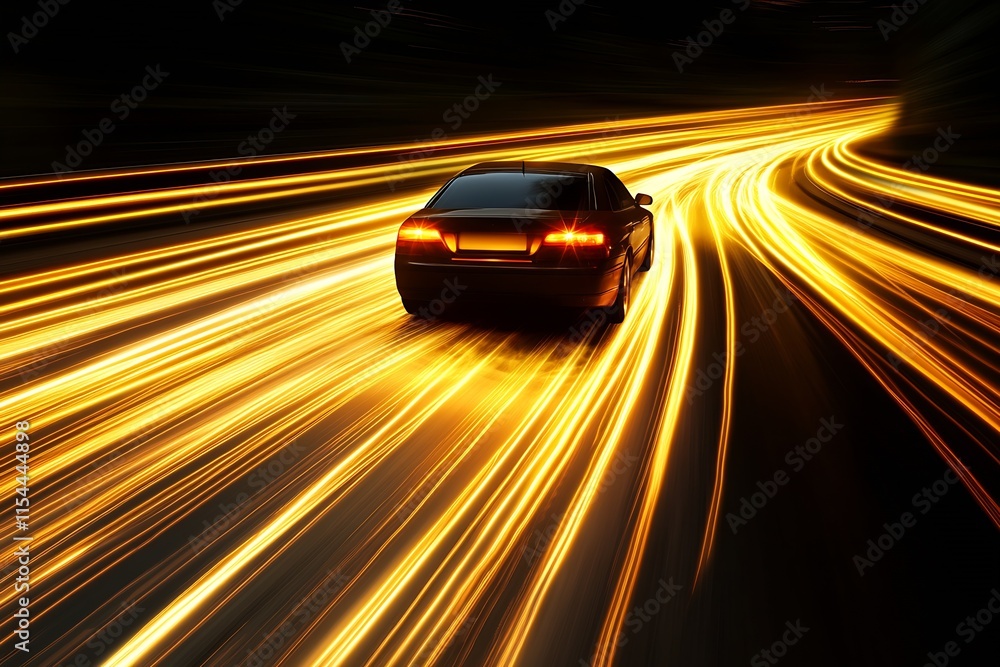 Poster sleek vehicle racing through illuminated path with vibrant gold light streaks at night : generative 