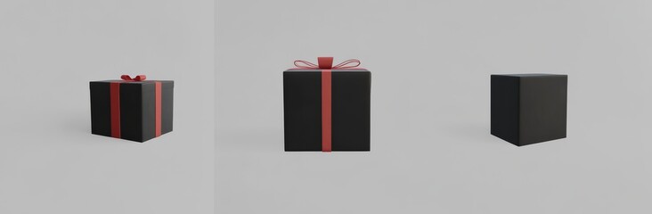 Isolated stacks of black gift boxes featuring red ribbon on a transparent background, great for Black Friday sales or celebration events. Front view.