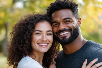 Naklejka premium A cheerful couple with bright smiles poses closely amidst a beautiful park setting filled with greenery and sunlight, radiating love and happiness in their wonderful day out.