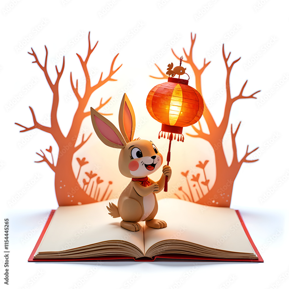 Canvas Prints a playful rabbit holding a lantern amidst an enchanting storybook forest scene, 3d rendering of fant