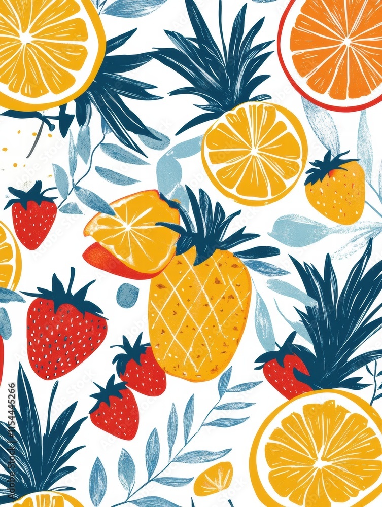Poster vibrant arrangement of tropical fruits with bright colors and intricate details for a lively summer 