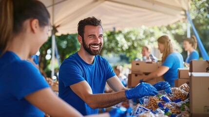Smiling volunteers in blue shirts sorting donations and food items at a community event under a tent