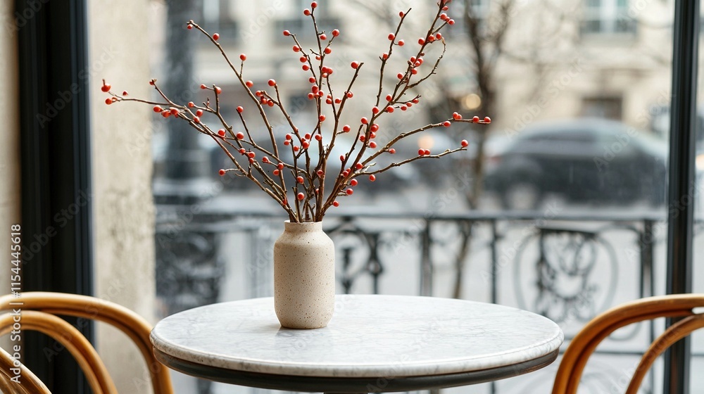 Aufkleber a vase brimming with red berries rests atop a table adjacent to a chair and another table with multi
