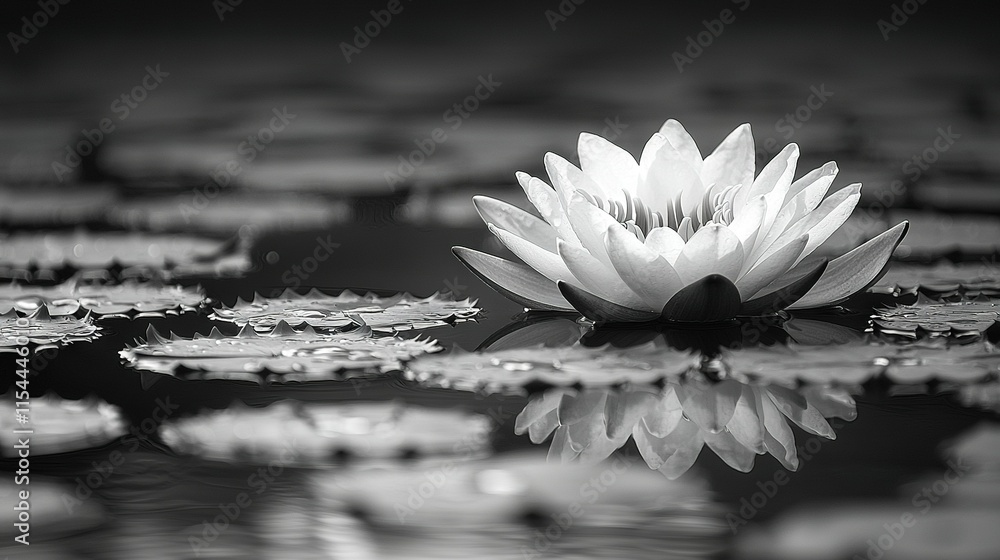 Poster a monochrome image of a water lily centered in a pond surrounded by lily pads in the foreground