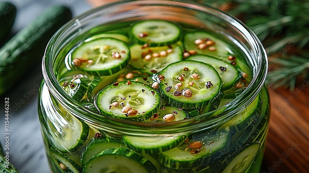 Poster a jar full of cucumbers rests atop a wooden table alongside a cluster of cucumbers