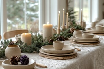 Christmas table setting with burning candles, fir branches and pine cones creating cozy atmosphere