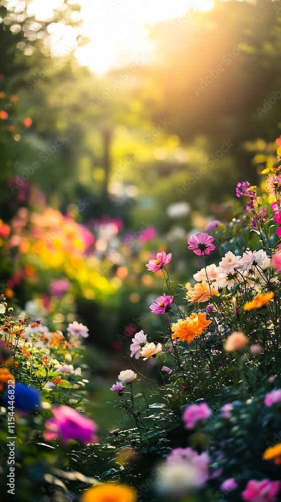 Poster sunlit garden path with blooming flowers and lush greenery : generative ai