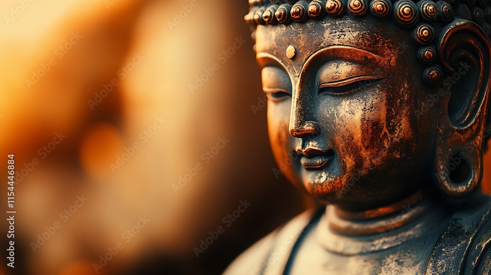 Aufkleber serene bronze buddha statue in warm golden light with peaceful expression : generative ai