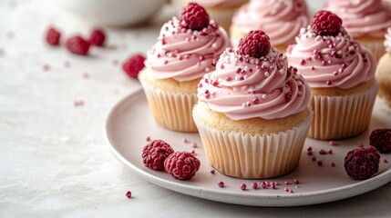 Delicious raspberry cupcakes with pink frosting and sprinkles sitting on a plate