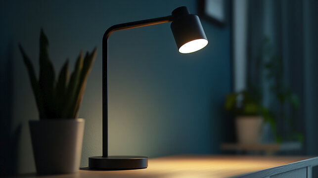 Minimalist black desk lamp with sleek design on  wooden work table. Workplace. Copy space.