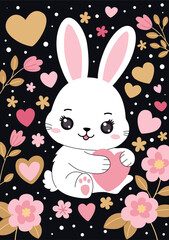 Valentines day greeting card. White cute bunny holds a heart in his paws. Dark background with hears and flowers. Trendy style. Valentine illustration.