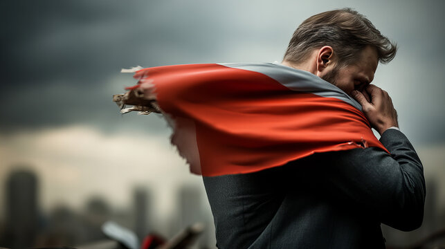 Tattered Russian flag waving in the wind against a dark, cloudy backdrop in an urban location