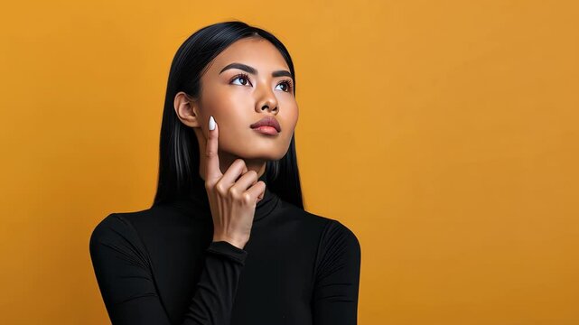 Stunning Asian woman presenting on yellow backdrop exuding beauty, confidence, and elegance in a fashionable and happy portrait.