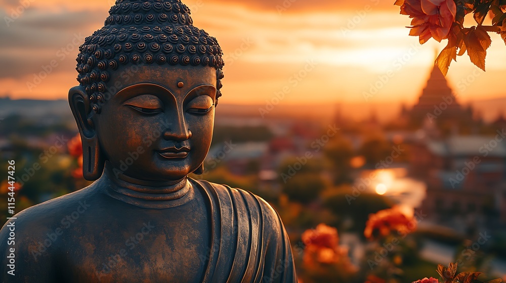 Poster tranquil buddha statue at sunset in serene temple garden setting : generative ai