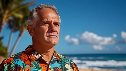 The old man wear Hawaii shirt on the sunny day at the beach