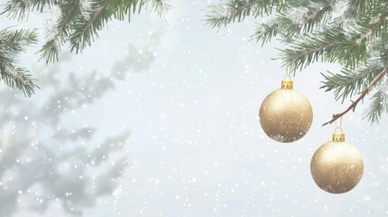 Fototapeta premium Beautiful Christmas tree background with Christmas tree branches and gold Christmas tree toys