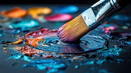 Fototapeta premium A detailed view of a brush in the center of a wet pool of vibrant pigment