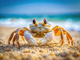 Ghost crab portrait: minimalist beach wildlife, ocean gaze.