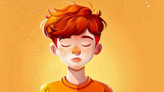 A thoughtful boy with red hair and freckles enjoys a sunny summer day, basking in warmth and joy, illustrated in a cartoon style.